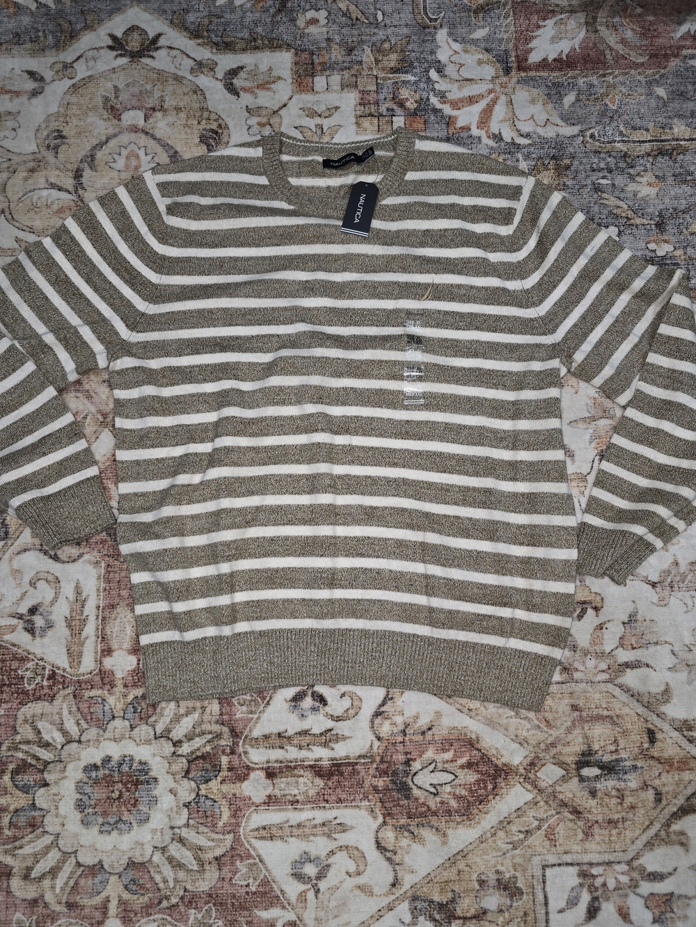 Nautica Women's Tan and White Striped Crewneck Sweater